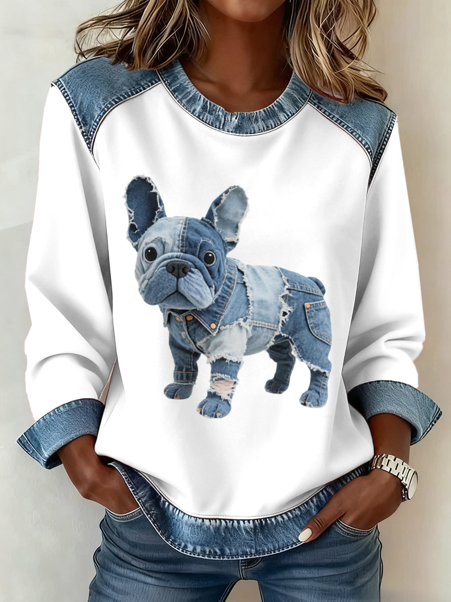 Alma — Damesweatshirt med denim patchwork i fransk bulldog-design